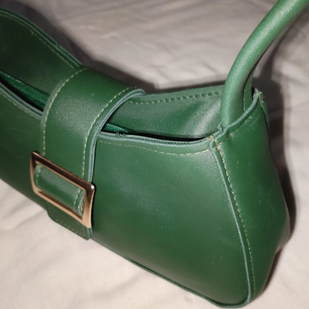 green buckled handbag