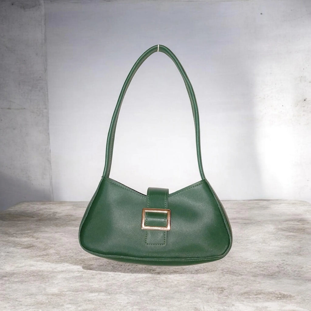green buckled handbag