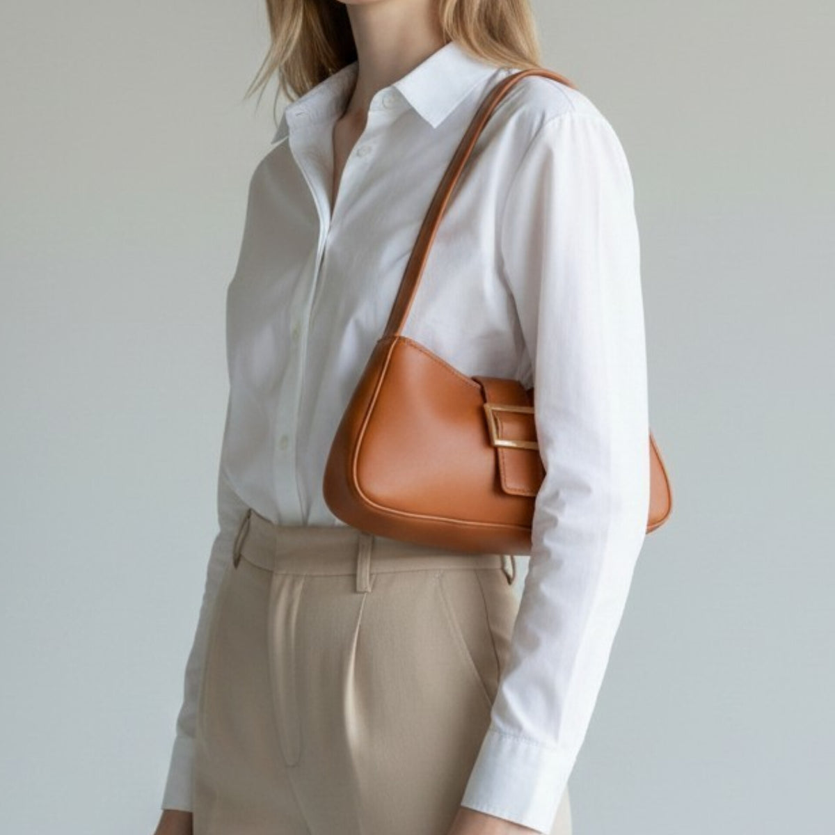 brown buckled handbag